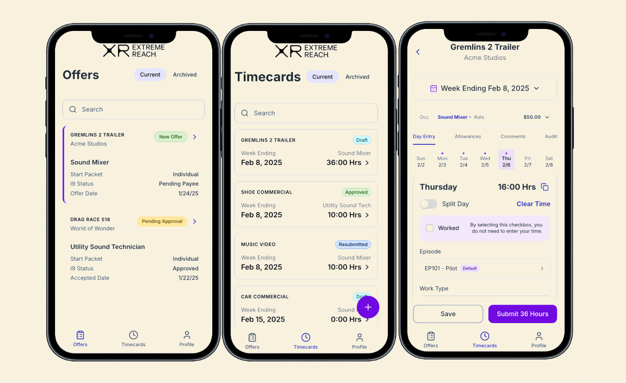 EXTREME REACH LIVE PRODUCT, app screens
